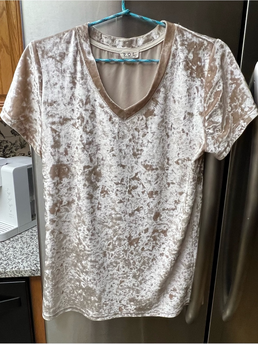POL Crushed Velour V-Neck Tee in Light Taupe. Size small